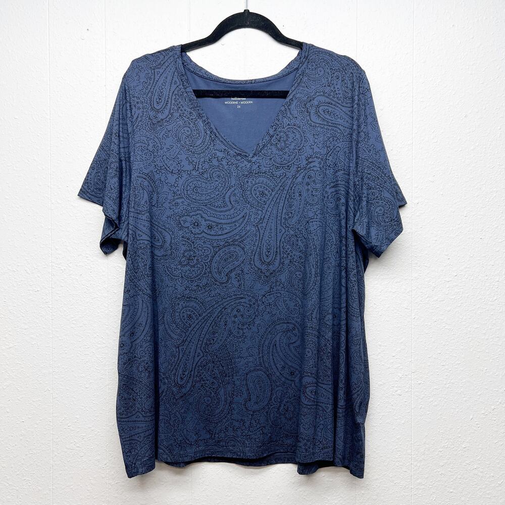 Penningtons Paisley Print Short Sleeve Top Womens 2X Stretch Minimalist Capsule